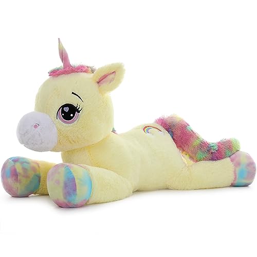 MorisMos Riesen Einhorn Plüschtier XXL 110 cm Gelb Großes Einhorn Plüschtier Kuscheltier Dekokissen Baby Mädchen von MorisMos