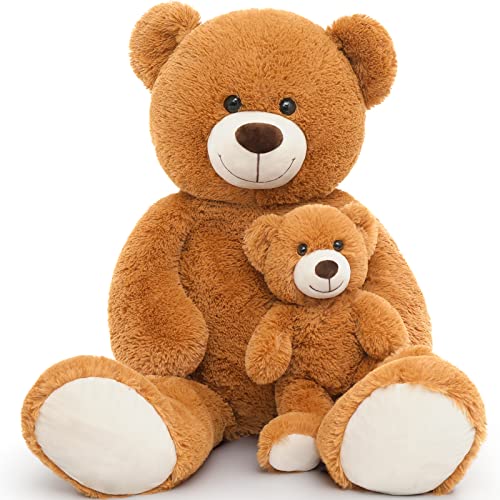 MorisMos Riesen Teddy großer Teddybär mit Baby 100cm Teddybär groß XXL Kuscheltier Stofftiere Teddys Riesen Teddy Bear Plüschbär Kuschelbär Weihnachten Geschenk für Kinder Mädchen Braun von MorisMos