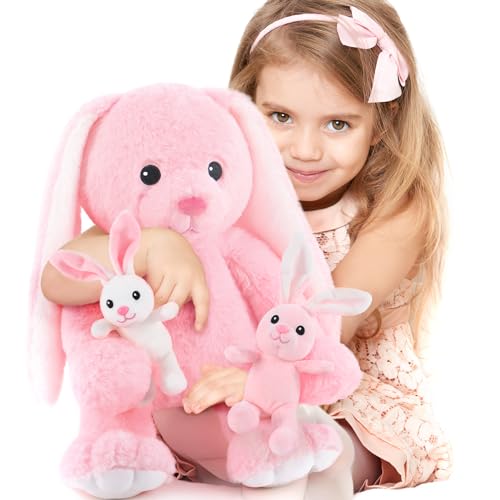MorisMos Rosa Hase Kuscheltier XXL mit Schlappohren, 50cm Süß Riesen Plüschhase mit 2 Häschen im Bauch, Groß Plüschhase XXL Stofftier Plüschtier, Geschenk Kinder Mädchen Geburtstag Weihnachten Ostern von MorisMos