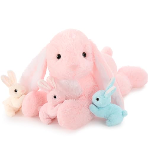 MorisMos Rosa Ostern Hase Kuscheltier XXL, 60cm Riesen Plüschtier Kaninchen Hase mit 3 Baby, Gross Plüsch Hasen Kaninchen stofftier, Rabbit Bunny Geschenk Kinder von MorisMos