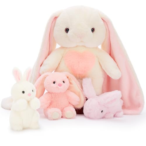 MorisMos Süß 4 Stücke Hasen Kuscheltier Stofftier Plüschtier, 48cm hoch riesen hase XXL mit 3 klein Hasen, Deko bunnyteddy Geburtstag Geschenk Kinder von MorisMos