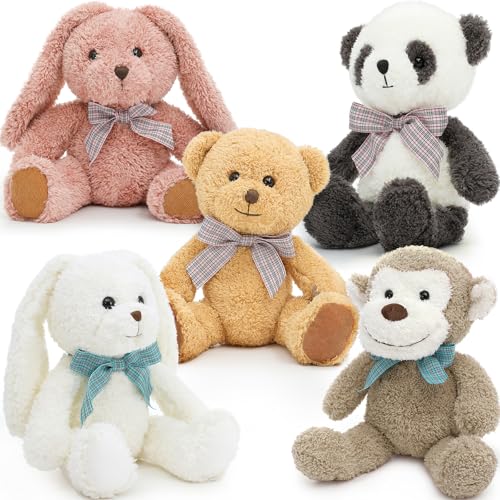MorisMos 5 Stücke Tier Kuscheltier Stofftier Set, 32cm hoch sitzend AFFE Panda Hase Teddybär plüschtier, klein weich Deko Puppe Geschenk Kinder von MorisMos