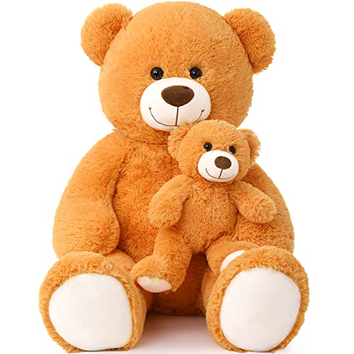 MorisMos groß Teddybär mit Baby, Flauschiger Riesen Teddy Kuscheltier XXL, Orange Teddy Bär Stofftier Plüschtier,Geschenk für Freundin,Mädchen von MorisMos