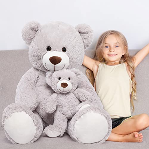 MorisMos groß Teddybär mit Baby, Weich Riesen Teddy Kuscheltier XXL, Grau Teddy Bär Stofftier Plüschtier, Geburtstag Geschenk für Kinder von MorisMos