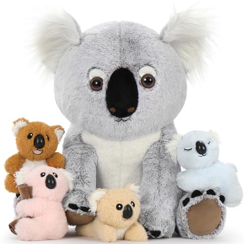 MorisMos liegend Koala Kuscheltier XXL,45cm riesen groß Plüschtier Koala mit 3 Baby, PlüschKoala Stofftier Weich Spielzeug, Geburtstag Geschenk für Kinder von MorisMos
