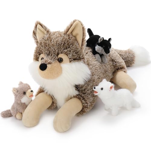 MorisMos liegend Wolf Kuscheltier XXL, 50cm riesen groß Plüschtier Wolf mit 3 Baby, PlüschWolf Stofftier Weich Spielzeug, Geburtstag Geschenk für Kinder von MorisMos