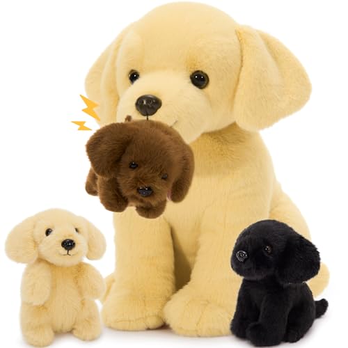 MorisMos 30cm hoch sitzend Labrador Kuscheltier mit 3 welpen im Bauch, weich süß Plüsch Labrador Hund Stofftier Plüschtier, Labrador Puppe Geburtstag Geschenk für Kinder Baby von MorisMos