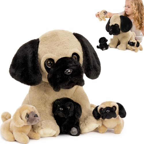 MorisMos 35cm hoch sitzend riesen Mops Hund Kuscheltier XXL mit 3 welpen im Bauch, 4 stücke mops Plüschtier Set,Plüschmops Stofftier pugteddy Geschenk für Kinder Mädchen von MorisMos