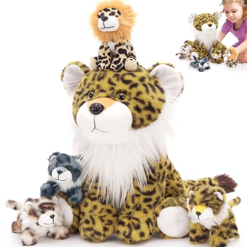 MorisMos riesen Leopard Kuscheltier XXL mit 4 Baby im Bauch, groß Leopard Stofftier Gepard Plüschtier, Geburtstag Geschenk für Kinder von MorisMos