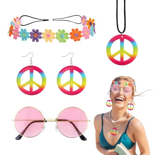 Morocket Hippie KostüM Damen Set 4 Stücke, Hippie Accessoires Runde Rosa Hippie Sonnenbrille, Flower Power Hippie Haarschmuck, Friedenszeichen-Hippie Kette, Hippie Ohrringe Damen Für Retro-Partys von Morocket