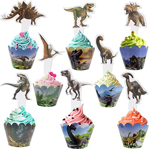 Morofme Dinosaurier-Cupcake-Wrapper und Topper, 24 Stück, Dinosaurier-Kuchen-Cupcake-Dekorationen für Jungen, Kinder, Dino, Jurassic-Dinosaurier, Geburtstag, Babyparty, Partyzubehör von Morofme