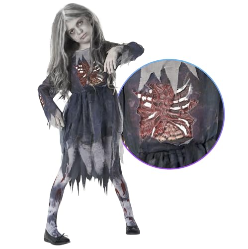 Zombie Kinder Kostüm Mädchen, Schulmädchen Outfit, Perfekt für Halloween, Gruseliges Zombie Design, M von Morph