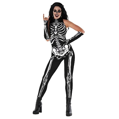 Morph Halloween Kostüm Skelett Damen Skelett Kostüm Damen Overall Skelett Kostüm Damen Sexy Jumpsuit Skelett Damen Skelett Body Damen Skelett Anzug Damen - L von Morph