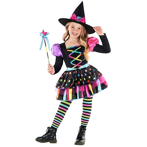 Morph Hexen Kinderkostüm Regenbogen, Buntes Mädchenkostüm, Perfekt für Halloween und Karneval, 7-9 Jahre von Morph