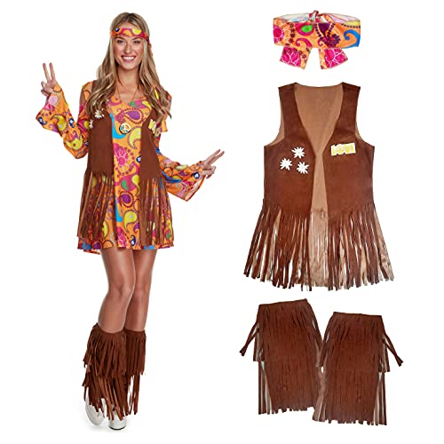 Morph Hippie Damen Kleid, Damen Kostüm Hippie, Zeitreise Kostüm Damen, Schlagermove Outfit Damen, 70er Mottoparty, Hippie Kostüm Damen, Schlager Outfit Damen - L von Morph