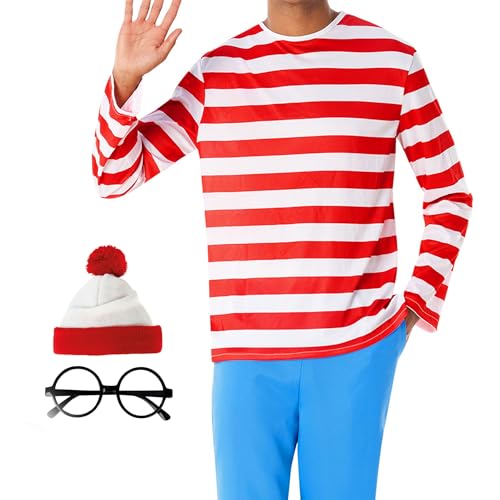 Morph Rot-Weiß Gestreiftes Hemd Kostüm, Hut und Runde Brille, Einfaches Buchcharakter Kostüm, L von Morph