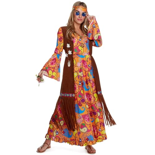 Morph Hippie Kostüm Damen Kleid, Hippie Kleidung Damen 70er Jahre, Kostüm Schlagerparty Damen, Kostüm Damen Hippie Kleid, 70 Jahre Kostüm Damen, 70er Jahre Kleider in 5 Größen erhältlich - S von Morph