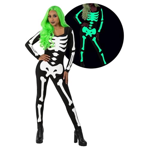 Morph Leuchtendes Skelett Bodysuit Damen, Halloween Kostüm, Glühendes Skelett Outfit für Frauen, M von Morph
