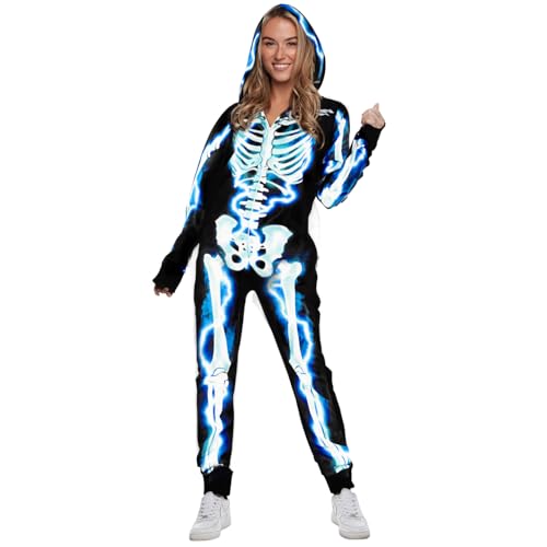 Morph Skelett Overall Damen, Skelett Jumpsuit Damen, Jumpsuit Skelett Damen, Overall Skelett, Kostüm Halloween Skelett Größe XL von Morph