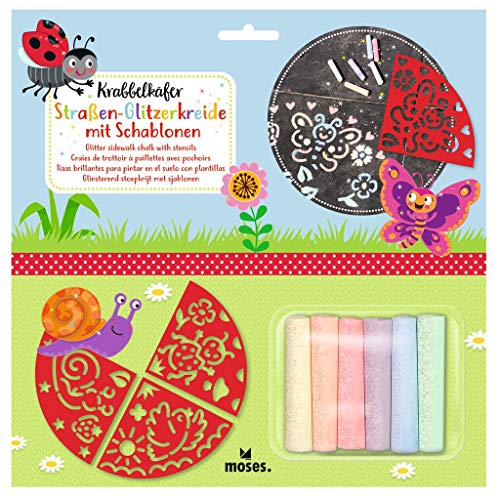 moses. Krabbelkäfer Straßen-Glitzerkreide mit Schablonen l Kinder Kreide Set in 6 l Inklusive 4 Schablonen mit süßen Motiven, 1 Stück (1er Pack) von moses