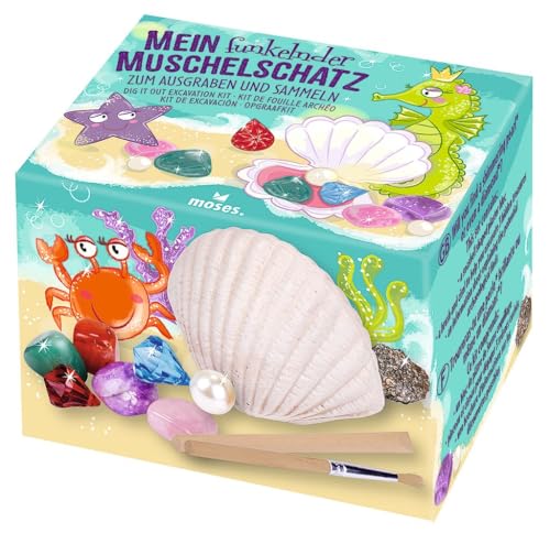 moses. 30556 Mein funkelnder Muschelschatz zum Ausgraben, Ausgrabungsset mit 3 verborgenen Schätzen, für Kindergeburtstag, Mottoparty und Mitbringsel für Kinder, ‎6 cm x 10 cm x 7,5 cm von moses