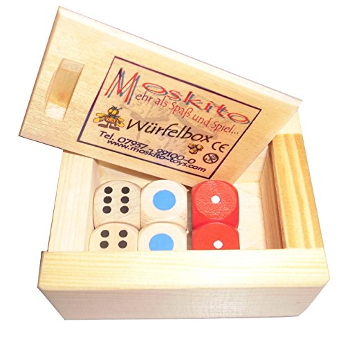 6 Würfel in Holzbox - je 2 x Auge 6er/Farbe/Auge 3er (16 mm) von Moskito GmbH