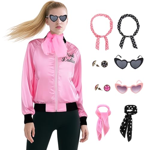Mosong MS061-XXL Damen-Kostüm, rosa Satinjacke für Damen, niedliche rosa Jacke für Halloween-Kostüme, mit 10 Zubehörteilen Mosong MS061-XXL Damen-Kostüm, rosa Satinjacke für Damen, niedliche rosa Jacke für Halloween-Kostüme, mit 10 Zubehörteilen von Mosong
