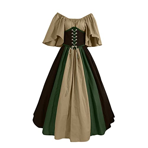 2024 Mittelalterliches Kleid Halloween Retro Gothic Kleider Kurzarm Große Größe Viktorianische Königin Kleid mit Kordelzug Palast Kleid Cosplay Damen Karneval Party, #1 - Khaki, 46 von Mosstars