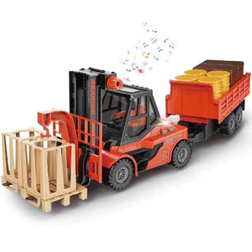 Mostop 1/16 Gabelstapler mit Anhänger BAU-Spielzeug, Trägheitsgabelstapler mit Eimern/Kisten/Paletten, Reibungsangetriebene BAU-Autos Spielzeug mit Licht und Sound, Geschenke für Jungen und Mädchen von Mostop