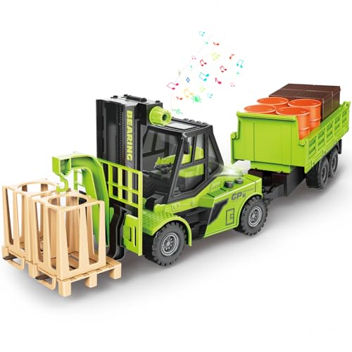 Mostop 1/16 Gabelstapler mit Anhänger BAU-Spielzeug, Trägheitsgabelstapler mit Eimern/Kisten/Paletten, Reibungsangetriebene BAU-Autos Spielzeug mit Licht und Sound, Geschenke für Jungen und Mädchen von Mostop