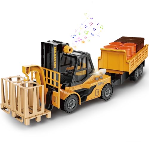 Mostop 1/16 Gabelstapler mit Anhänger BAU-Spielzeug, Trägheitsgabelstapler mit Eimern/Kisten/Paletten, Reibungsangetriebene BAU-Autos Spielzeug mit Licht und Sound, Geschenke für Jungen und Mädchen von Mostop