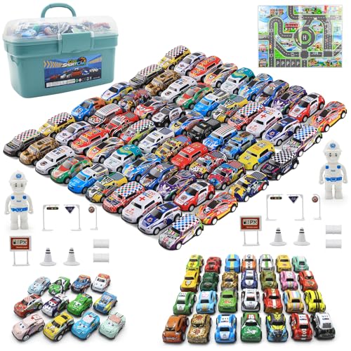 Mostop 100 PCS Mini Pull Back Car Set, Pull Back Racing Vehicles for Kids Toddlers, Kids Party Favors Car Pack Toy with Storage Box and Map, Bulk Small Vehicles, Push and Go Racing Cars for Kids von Mostop