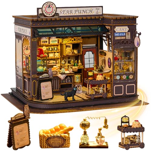 Mostop DIY Miniatur Puppenhaus Bausatz,Holzpuppenhaus Bausatz Miniatur Haus Bausatz mit LED Licht,Kreative Zimmer Idee für Kinder/Erwachsene Haus DIY Bausätze(Magic Coffee Shop) von Mostop