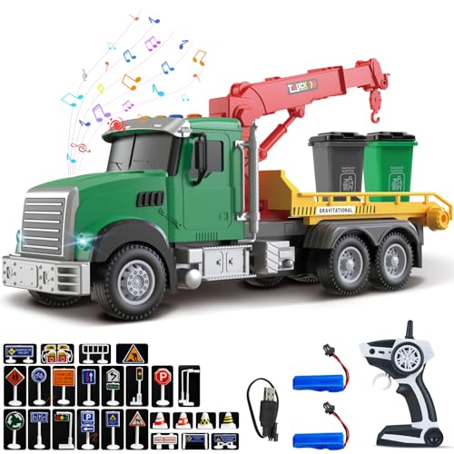 Mostop Ferngesteuerter Rettungsanhänger mit Rennwagen, Haken, Lichtern, Geräuschen, Verkehrsschildern 28PCS (Garbage Truck) von Mostop