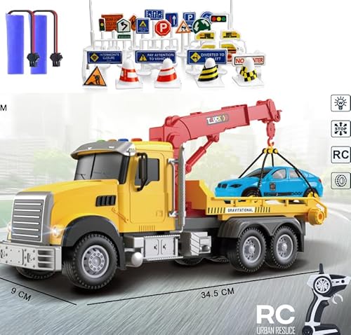 Mostop Ferngesteuerter Rettungsanhänger mit Rennwagen, Haken, Lichtern, Geräuschen, Verkehrsschildern 28PCS (Tow Truck) von Mostop