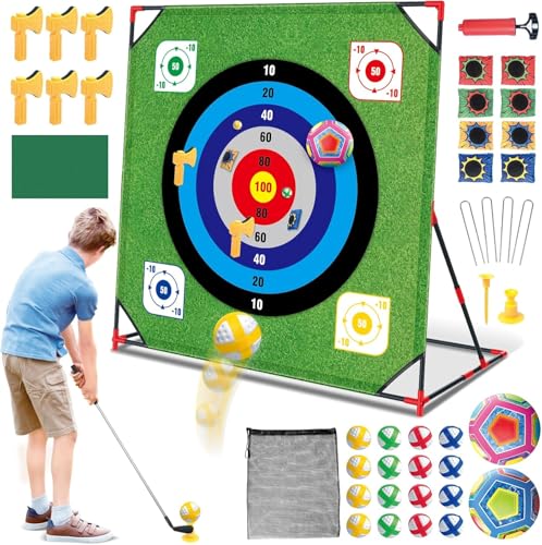 Mostop Golf Chipping Spiel mit Ständer – Golf Ziel Kampfspiel mit Putting Matte, 12 klebrige Bälle, 6 Äxte, 2 Fußballbälle, 8 Sitzsäcke Mostop Golf Chipping Spiel mit Ständer – Golf Ziel Kampfspiel mit Putting Matte, 12 klebrige Bälle, 6 Äxte, 2 Fußballbälle, 8 Sitzsäcke von Mostop