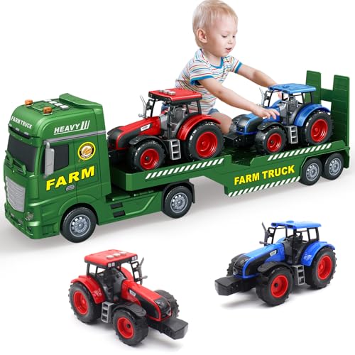 Mostop Großer Flachbett Sattelschlepper,25.6'' große Farm Truck Spielzeug mit 2 Traktoren,Reibungsangetriebener Bauernhof-Transporter Traktor Spielzeug mit Licht & Sound, Bauernhofspielzeug für Kinder von Mostop
