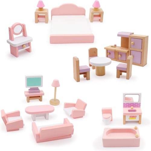 Mostop Wooden Dollhouse Furniture Set,22 Pcs Miniatur-Puppenhaus-Zubehör, 4 Zimmer Holz rosa Puppenhaus-Zubehör Pretend Play Möbel Spielzeug für Kinder Jungen Mädchen Mostop Wooden Dollhouse Furniture Set,22 Pcs Miniatur-Puppenhaus-Zubehör, 4 Zimmer Holz rosa Puppenhaus-Zubehör Pretend Play Möbel Spielzeug für Kinder Jungen Mädchen von Mostop