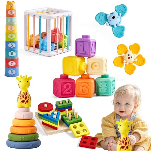 Montessori Babyspielzeug, 6-12 Monate, 6-in-1 Spielzeug-Set für 6 Monate, Geburtstagsgeschenk für Babys ab 1 Jahr, Jungen und Mädchen, Babyblöcke, sensorisches Spielzeug von Motesoly