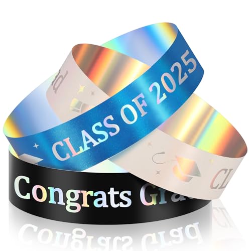 MotiMind 500 Stück Klasse 2025 Armbänder, Congrats Grade Kunststoff-Armband, wasserdicht, Abschluss-Armbänder, Geschenk für Lehrer, Studenten, Abschlussfeier (schwarz, weiß, blau) von MotiMind
