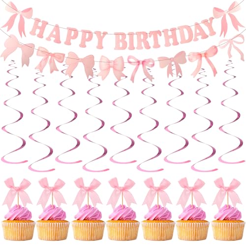MotiMind Rosa Schleife Geburtstag Dekorationen Rosa Schleife Happy Birthday Banner Schleife Kuchen Topper Schleife Party Hängende Wirbel Kokette Geburtstag Dekorationen für Brautdusche Frauen MotiMind Rosa Schleife Geburtstag Dekorationen Rosa Schleife Happy Birthday Banner Schleife Kuchen Topper Schleife Party Hängende Wirbel Kokette Geburtstag Dekorationen für Brautdusche Frauen von MotiMind