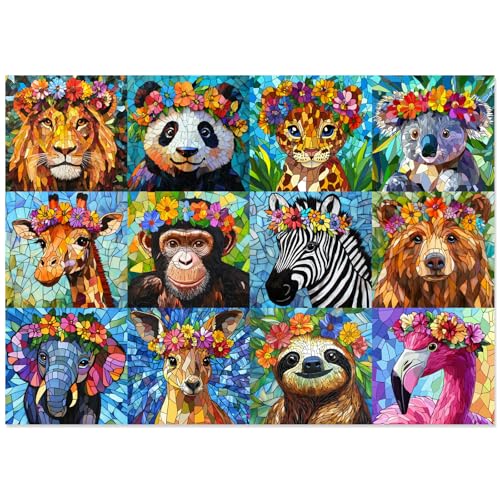 1000 Teile Puzzles für Erwachsene – buntes Mosaik-Wildtier-Puzzle, Dschungeltiere mit Blumen-Design, perfekt für Familienspielabende von Motiloo