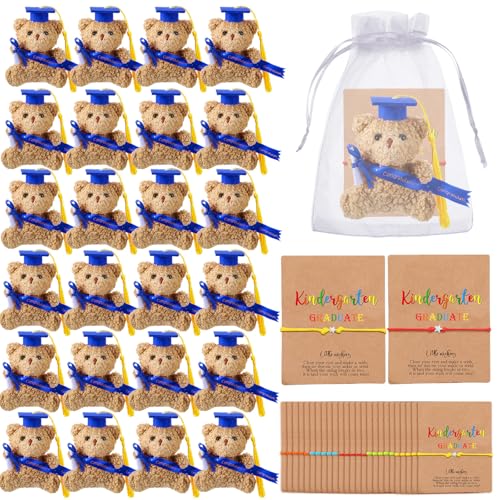 Motionchic 50 Stück 2025 Kindergarten-Abschluss-Bär-Set mit 25 Mini-gefüllten Bären, 25 Wunscharmbändern, Organza-Beutel, Karte für Kinder, Kindergarten, Klasse 2025, Partyzubehör (blau) von Motionchic