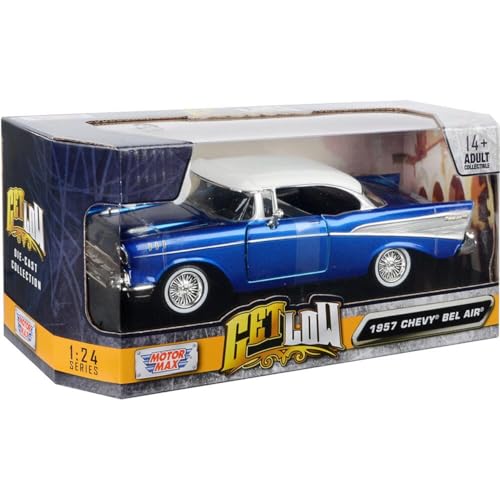 1957 Chevy Bel Air Lowrider Candy Blue mit weißem Top Get Low Series 1/24 Druckguss-Modellauto von Motormax 79030bl 1957 Chevy Bel Air Lowrider Candy Blue mit weißem Top Get Low Series 1/24 Druckguss-Modellauto von Motormax 79030bl von Motormax Models
