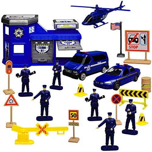Motormax 20 TLG. Set: Metall Polizei Station mit Fahrzeugen und Zubehör 1/43 von Motormax