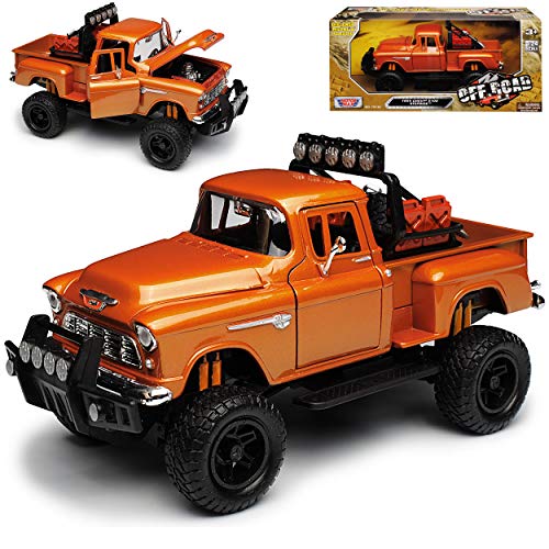 Motormax Chevrolet 5100 Stepside Pick-up Offroad Truck Orange 1955 1/24 Modell Auto von Motormax