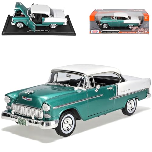 Motormax Chevrolet Bel Air Coupe Grün mit Weiß Dach 1955 1/18 Modell Auto von Motormax