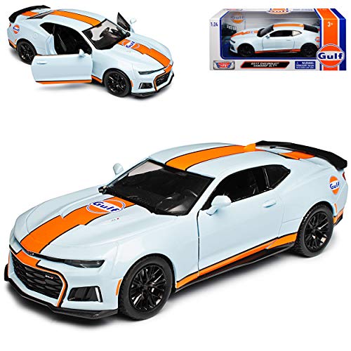 Motormax Chevrolet Camaro Coupe ZL1 Gulf Oil Blau mit Dach in Orange 6. Generation Ab 2015 Version Ab 2017 1/24 Modell Auto mit individiuellem Wunschkennzeich von Motormax
