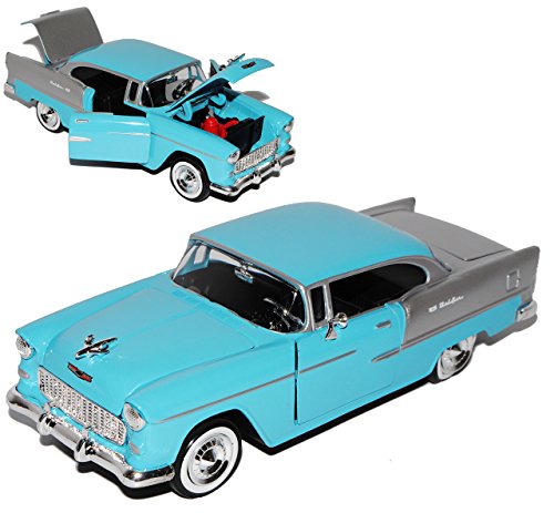 Motormax Chevrolet Chevy Bel Air Serie 2400C 1955 Coupe Blau Silber 1. Generation 1953-1957 1/24 Modell Auto mit individiuellem Wunschkennzeichen von Motormax