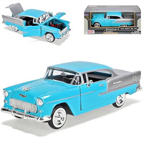 Motormax Chevrolet Chevy Bel Air Serie 2400C 1955 Coupe Blau Silber 1. Generation 1953-1957 1/24 Modell Auto von Motormax